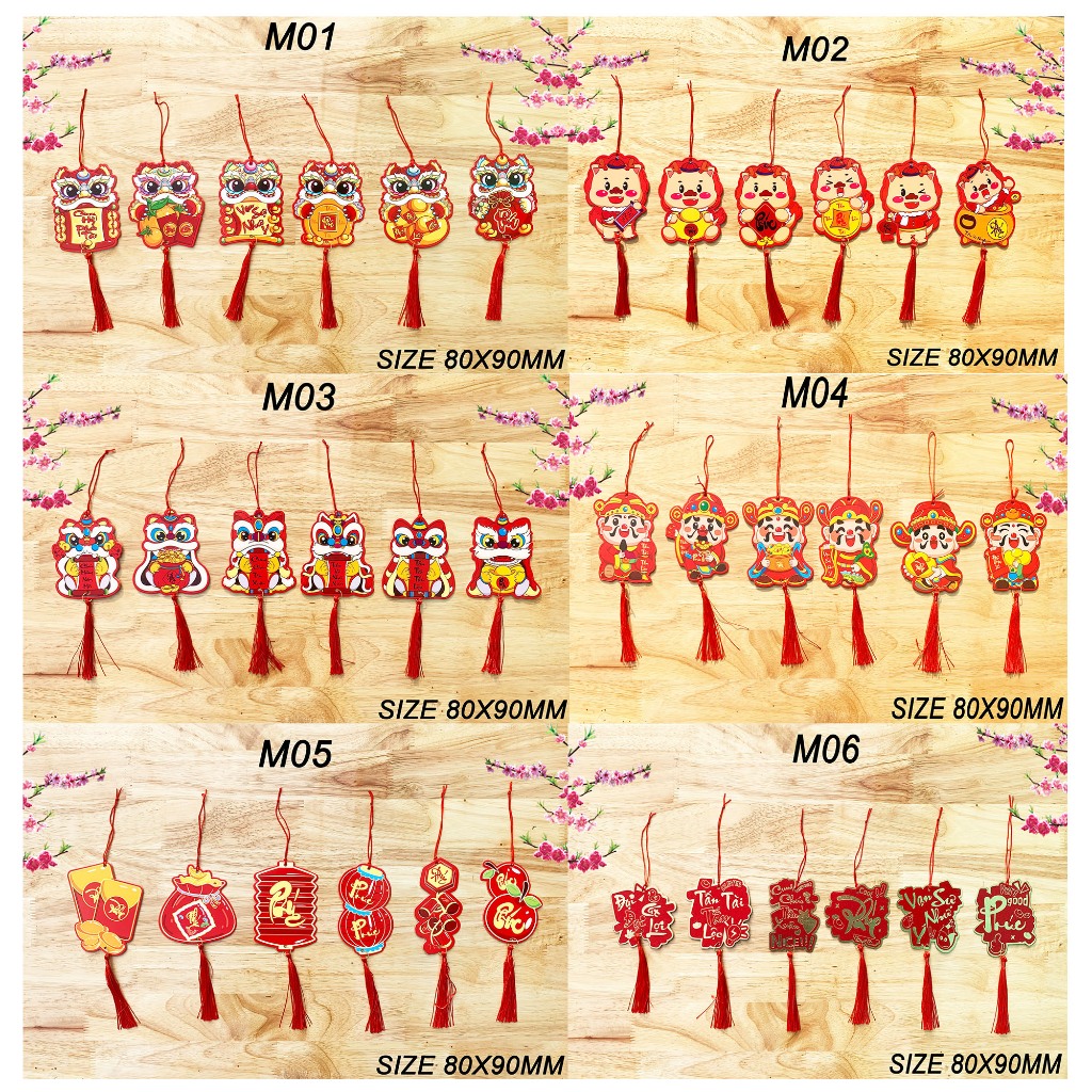 Set 6 Tag treo - dây treo đầu lân, tag trang trí, liễn giấy treo cành đào bình hoa tết chúc mừng năm mới tài lộc