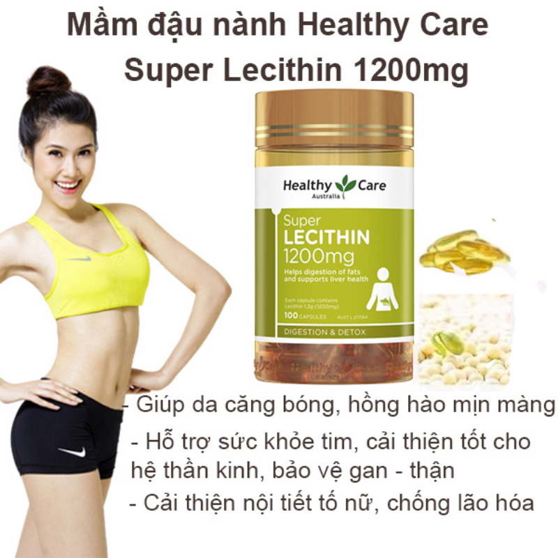 Viên uống tinh chất mầm đậu nành Healthy Care Super Lecithin 1200mg đẹp da, cân bằng nội tiết tố - Lọ 100v