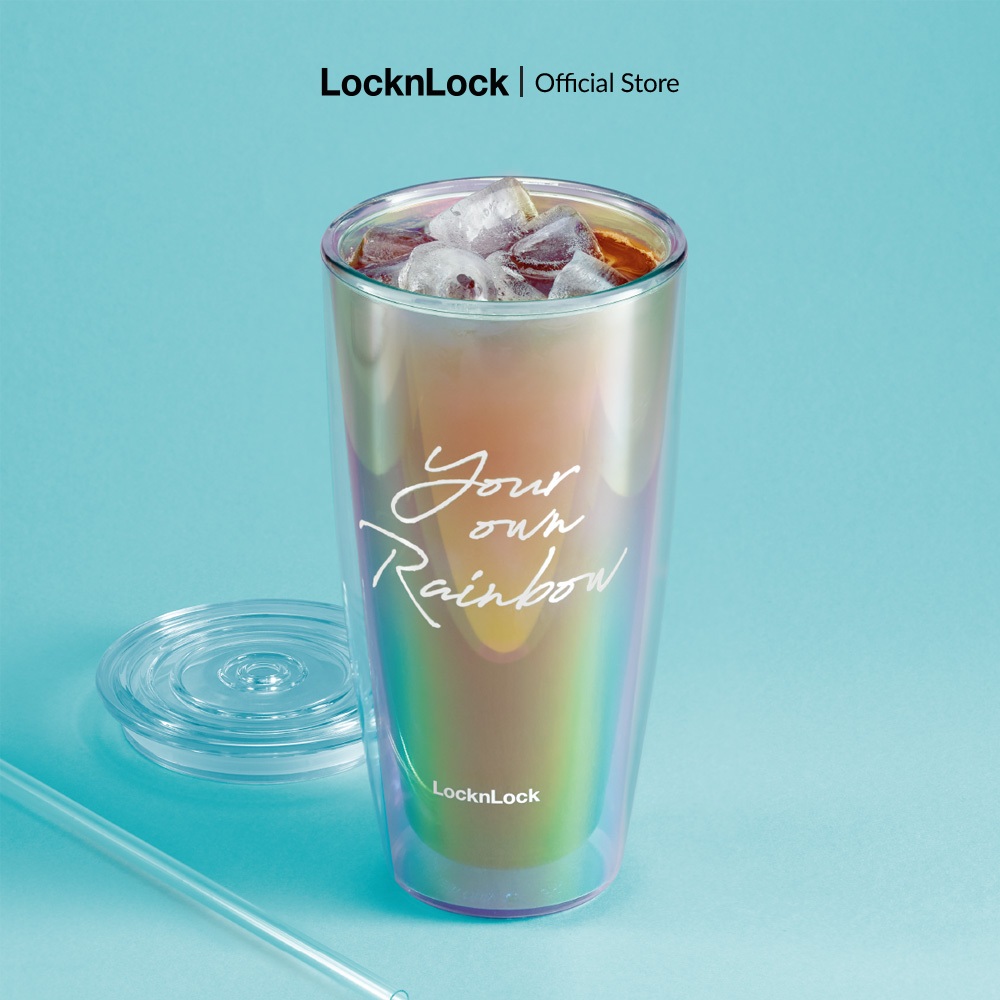 [quà tặng VHL] Ly nhựa 2 lớp Lock&Lock màu trắng kèm ống hút Your Own Rainbow double wall cold cup with straw HAP507WHTH