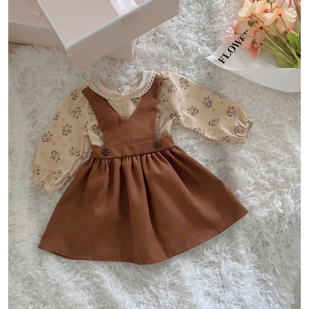 Set Váy Đầm Dài Tay Bé Gái Thiết Kế Cao Cấp 1,2,3,4,5,6,7tuổi💝FREESHIP💝Váy Mùa Đông Cho Bé Yếm Nâu Kèm Áo Linen