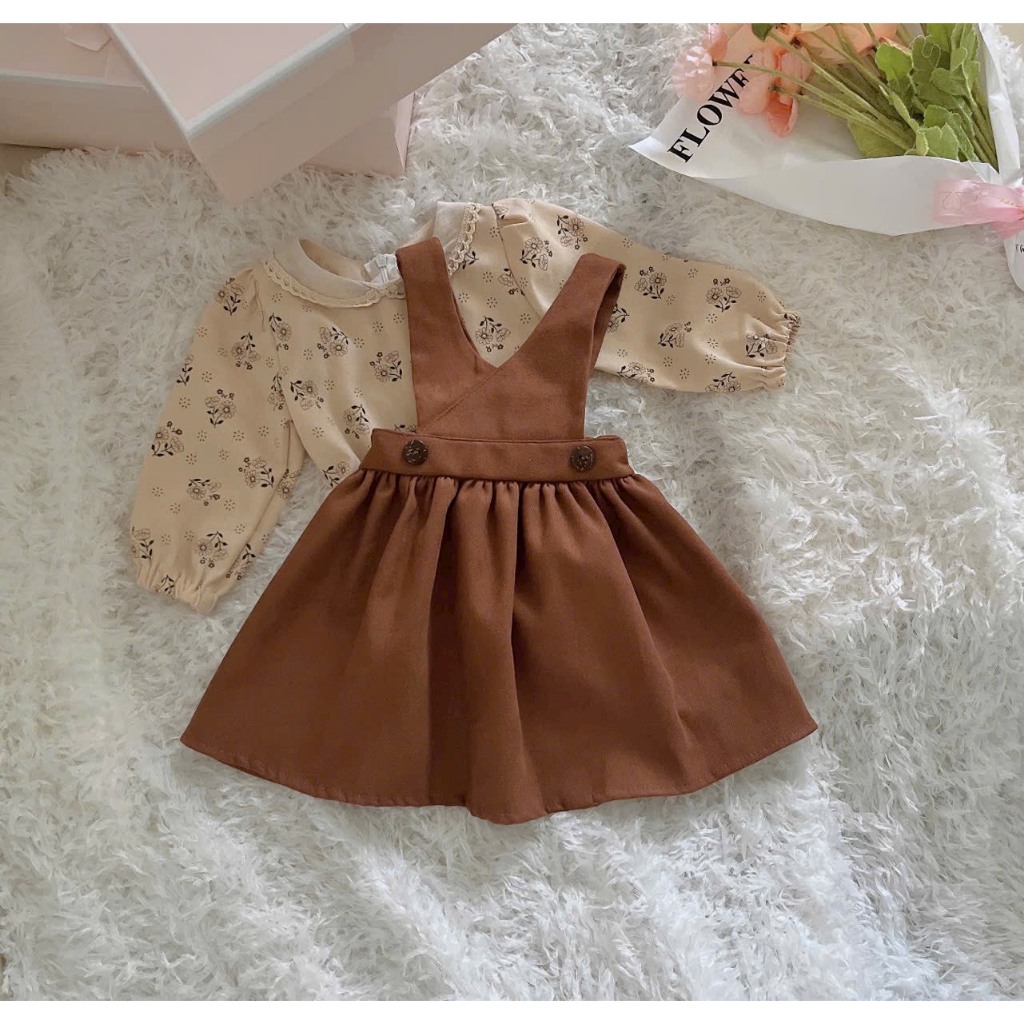 Set Váy Đầm Dài Tay Bé Gái Thiết Kế Cao Cấp 1,2,3,4,5,6,7tuổi💝FREESHIP💝Váy Mùa Đông Cho Bé Yếm Nâu Kèm Áo Linen