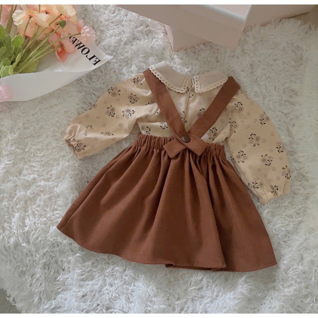Set Váy Đầm Dài Tay Bé Gái Thiết Kế Cao Cấp 1,2,3,4,5,6,7tuổi💝FREESHIP💝Váy Mùa Đông Cho Bé Yếm Nâu Kèm Áo Linen