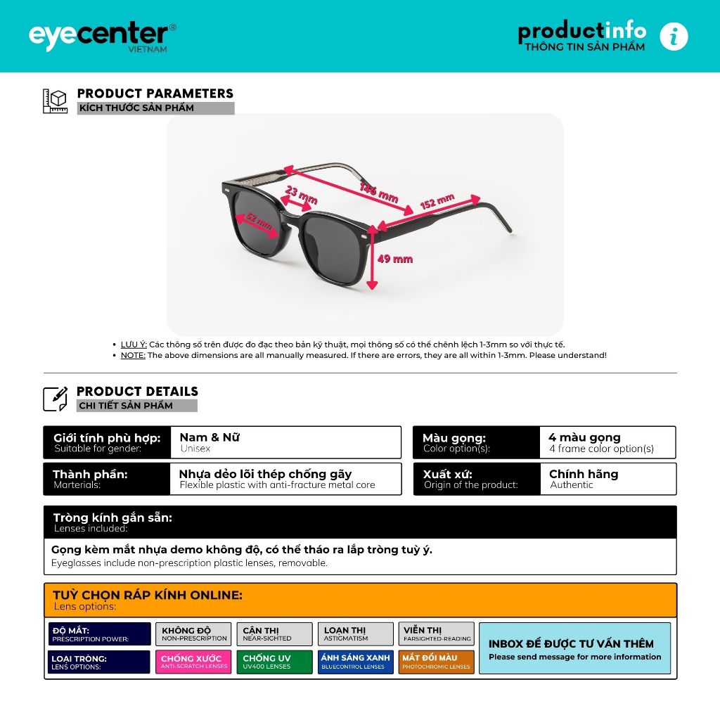 Kính mát nam nữ chính hãng EYECENTER S72-S lõi thép chống gãy cao cấp nhập khẩu by Eye Center Vietnam