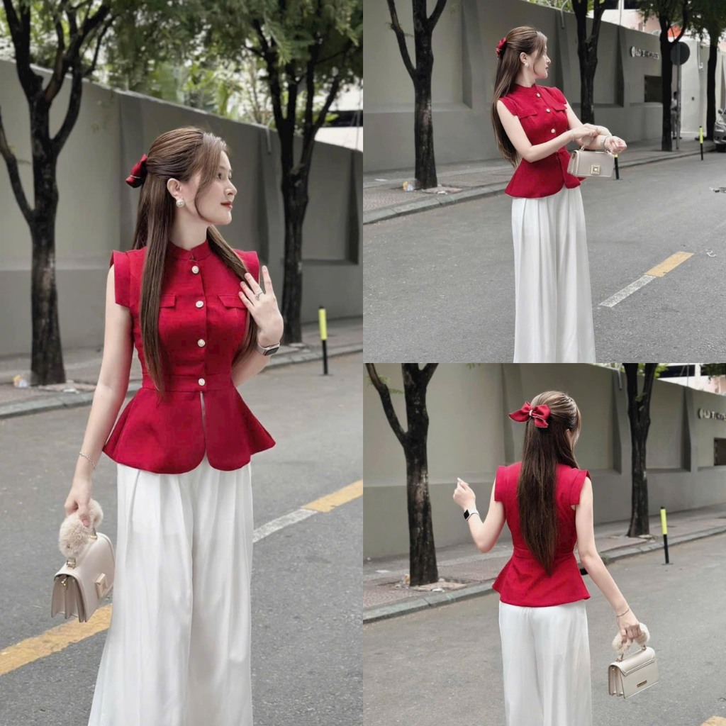 Sét bộ nữ áo cài nút thật phối linen màu đỏ tôn da mix quần lụa ý ( có lót ) sang chảnh tôn dáng dự tiệc đi chơi