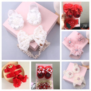 Set băng đô tất cho bé- hộp quà tặng đầy tháng, set băng đô tất cho bé sơ sinh, băng đô turban cho bé