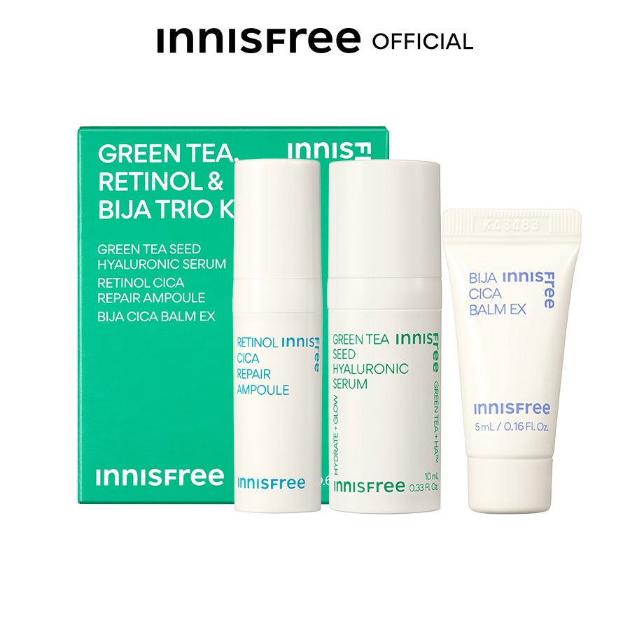 (Quà) Bộ serum INNISFREE Green Tea Seed Hyaluronic Serum & Retinol Cica Repair Ampoule 15ml & Sáp dưỡng dịu da Bija 5ml