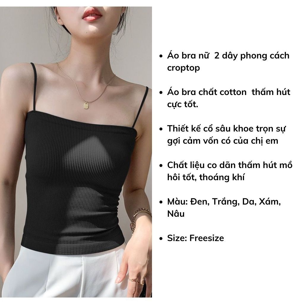 Áo bra nữ cotton gân tăm có sẵn mút mỏng nhẹ và 2 dây dáng dài đẹp phong cách croptop dễ thương DEVARI B1808