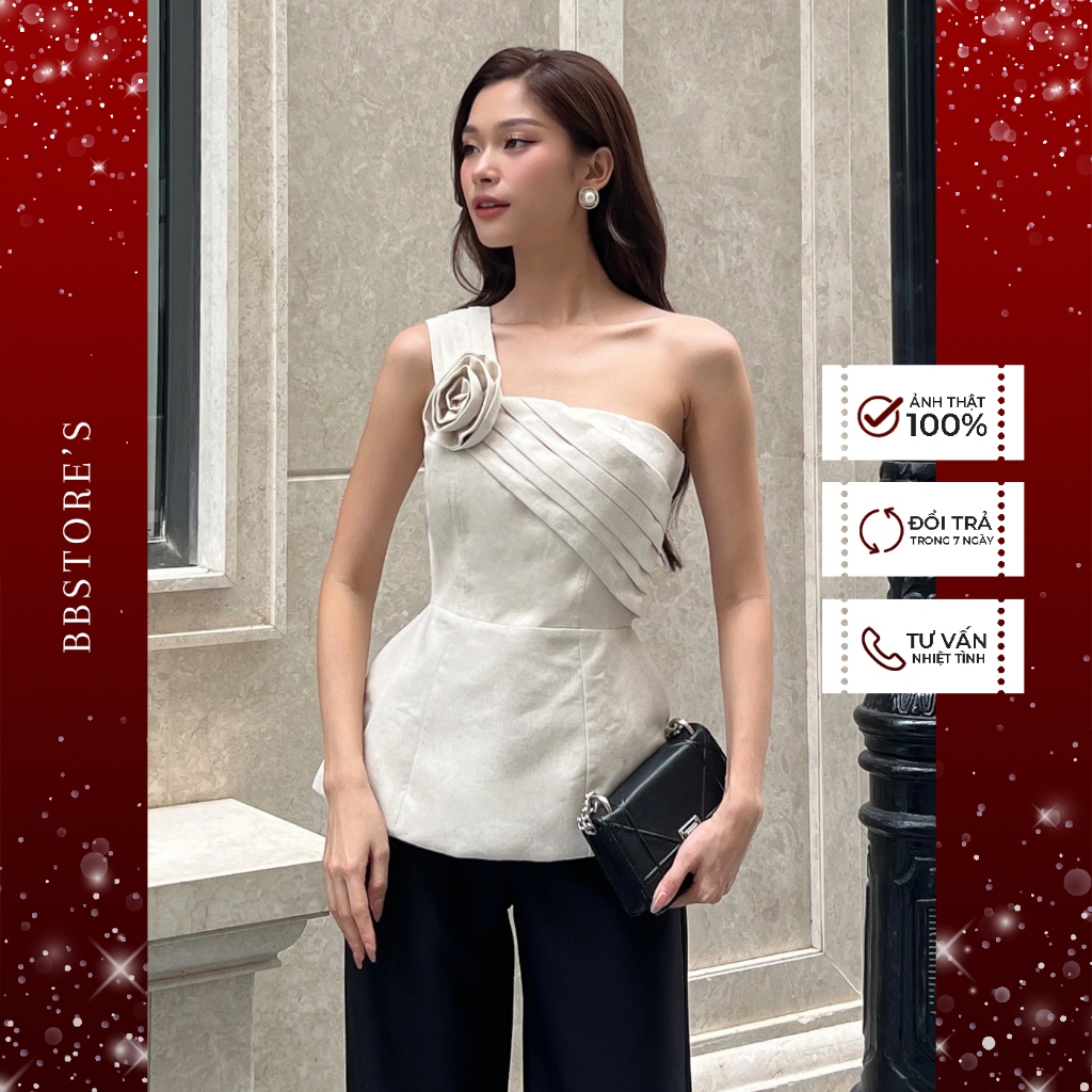 Áo Peplum Lệch Vai Xếp Ngực Phối Hoa Vải Sang Trọng BBSTORE'S - A2568