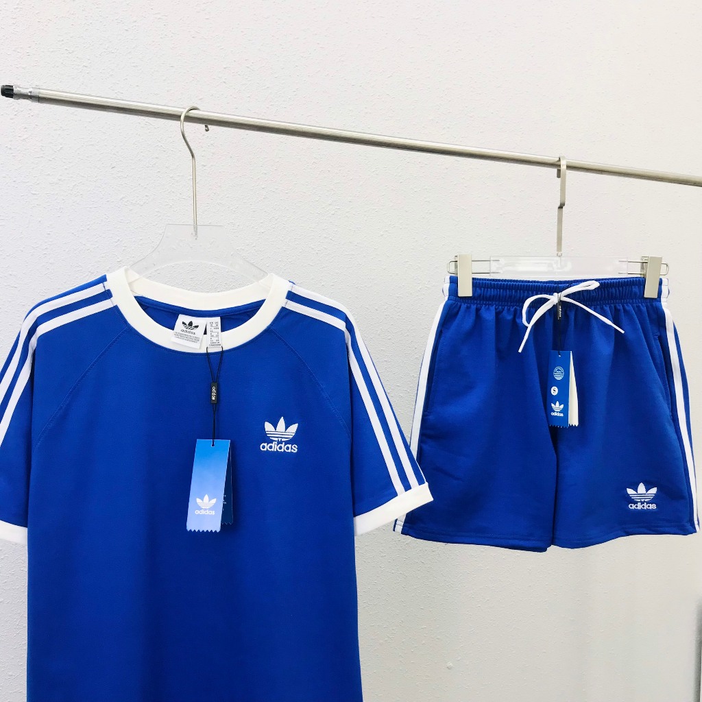 Set bộ A.di das áo thun + quần short xanh dương chất vải mềm mịn thoáng mát chuẩn hàng VNXK