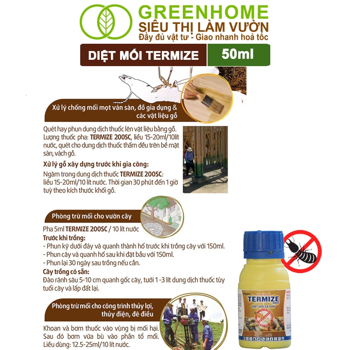 Thuốc Diệt Mối Tận Gốc Greenhome Termize 200SC, Chai 50ml, Sinh Học Thế Hệ Mới, An Toàn, Không Mùi