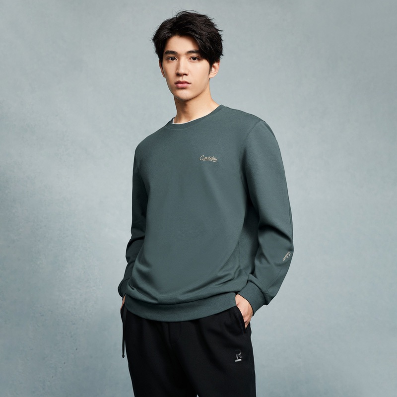 HLA - Áo thun nam dài tay mềm mịn cổ tròn phối chữ thêu Round neck deep green long sleeves top