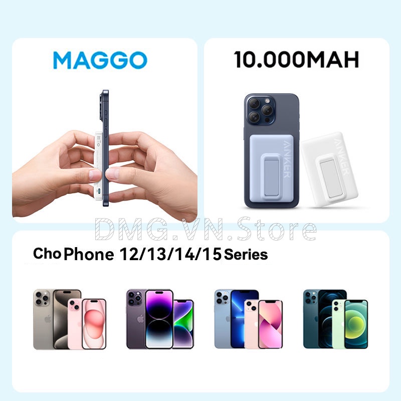 Sạc Dự Phòng Không Dây Từ Tính Anker A1652 A1642 PD 20W 10000mAh,Cho 12/13/14/15 Series,Sạc K Dây 5W/7.5W,Sạc Có Dây 20W