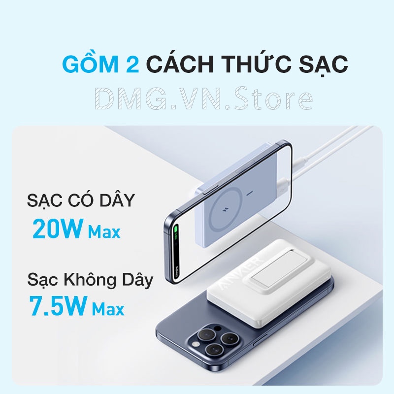 Sạc Dự Phòng Không Dây Từ Tính Anker A1652 A1642 PD 20W 10000mAh,Cho 12/13/14/15 Series,Sạc K Dây 5W/7.5W,Sạc Có Dây 20W
