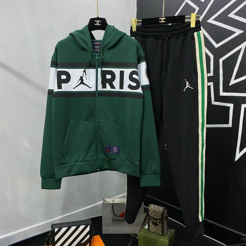 Bộ đồ nam thể thao dài tay thu đông áo mũ hoodie in vạch chữ Paris sọc đỏ thêu logo vải nỉ da cá BD28P