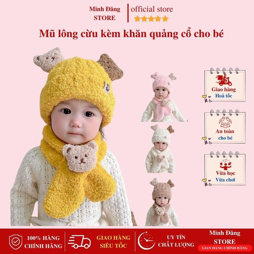 Mũ Len Gấu 3D Lông Cừu Cho Bé Kèm Khăn Quàng Cổ 0-3 Tuổi, Sét Khăn Mũ Giữ Ấm Cho Bé