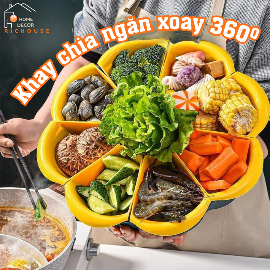 Khay nhựa chia ngăn xoay 360 độ đựng đồ ăn lẩu, Rổ đựng rau, củ, có từng khay tách rời và thoát nước tiện lợi