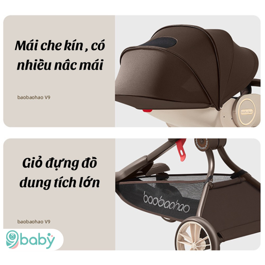 Xe đẩy gấp gọn 2 chiều 3 tư thế kèm đệm ngồi Baobaohao V9 màu nâu - Hàng chính hãng - Bảo hành 1 năm