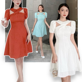 Đầm xoè cổ yếm tay phồng dự tiệc