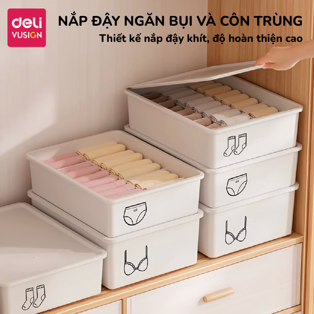 Hộp Nhựa Đựng Đồ Lót Chia Nhiều Ngăn SIêu Dày Deli Có Khay Có Nắp Đa Năng Khay Đựng Quần Áo, Tất Vớ Tiện Lợi