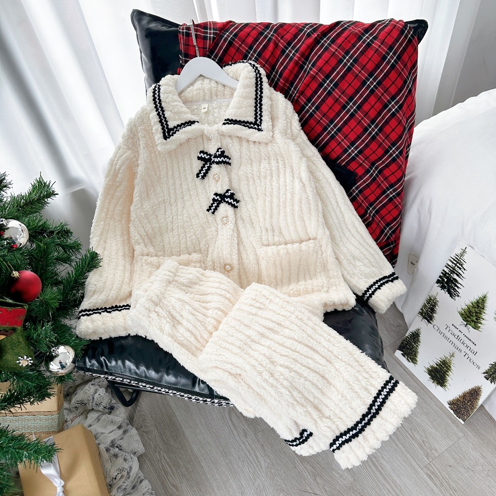 Bộ mặc nhà Pyjama chất bông ấm áp Tea Store cổ bẻ họa tiết dễ thương