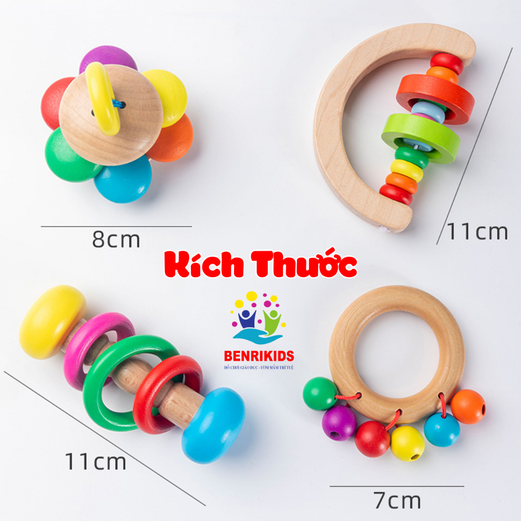 Đồ Chơi Sơ Sinh,Bộ 4 Lục Lạc Xúc Xắc Bằng Gỗ Tự Nhiên Cho Bé