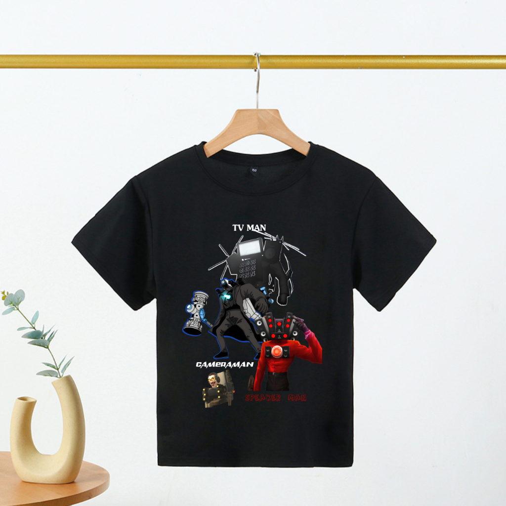 Áo thun trẻ em màu đen cotton 100% in hình Skibidi Toilet, Spearkerman, Cameraman, TVMan