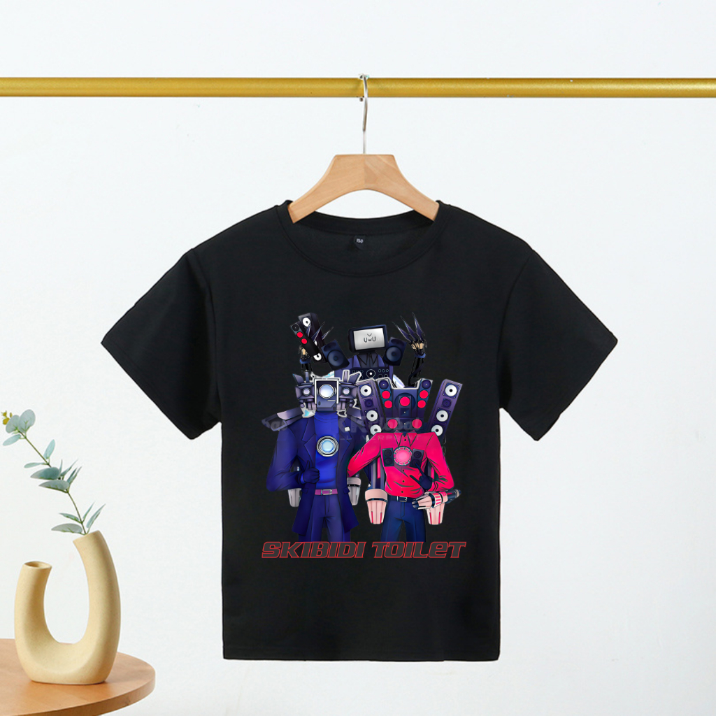 Áo thun trẻ em màu đen cotton 100% in hình Skibidi Toilet, Spearkerman, Cameraman, TVMan