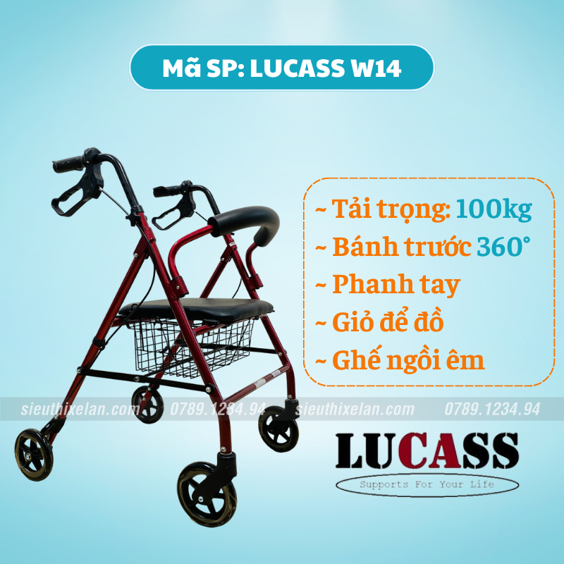 Xe Tập Đi Cho Người Già Lucass W14 Có Bánh Xe 360 Độ, Ghế Ngồi Cứng Cáp, Giỏ để đồ | Khung Tập Đi Hợp Kim Nhôm