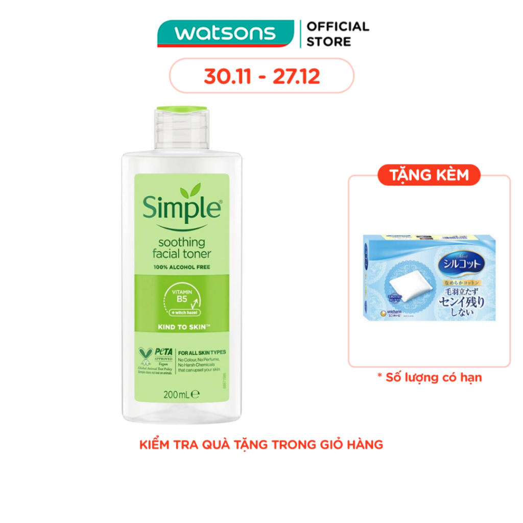 Nước Cân Bằng Simple Soothing Facial Toner Không Chứa Cồn Giúp Làm Dịu Da 200ml