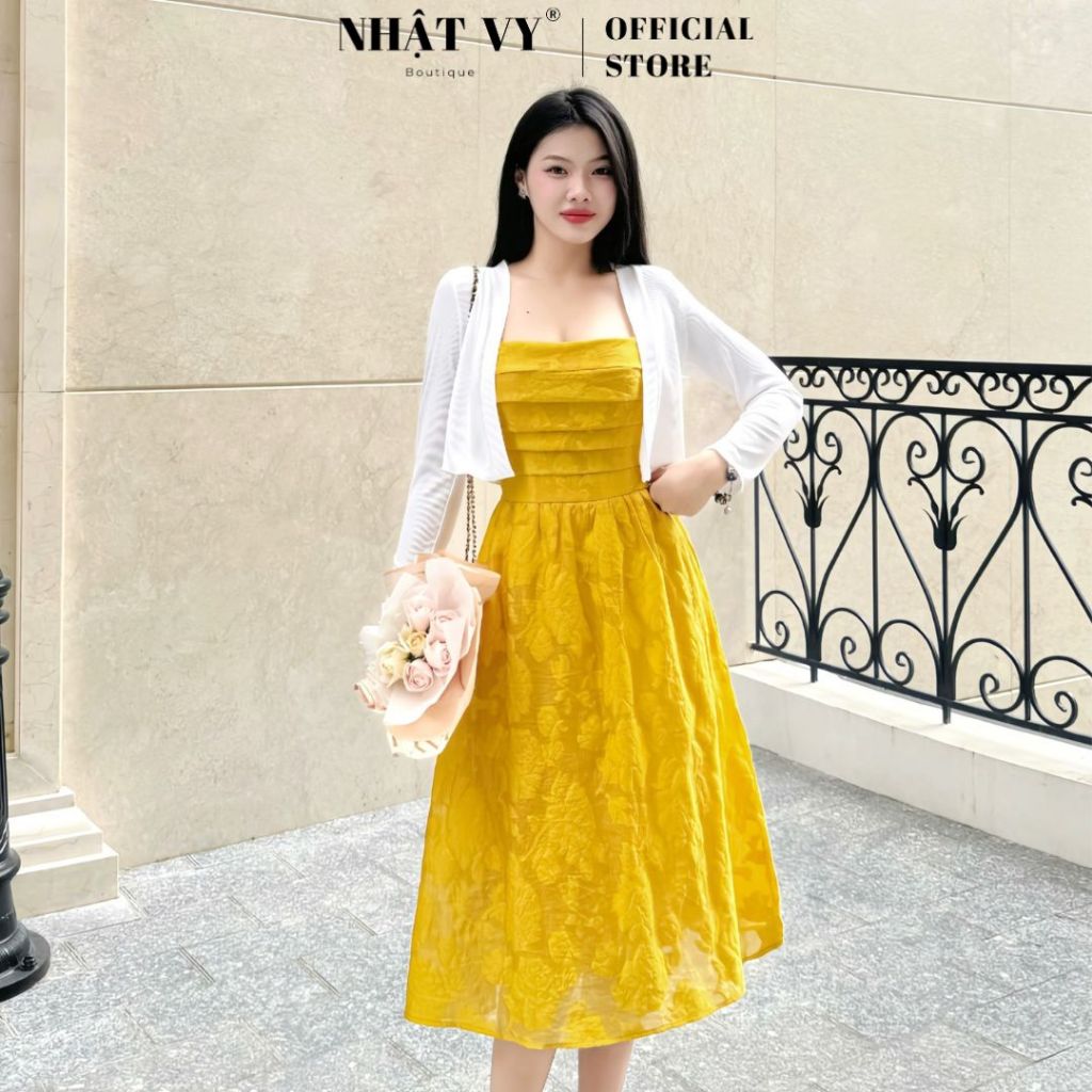 Đầm hoa 2 dây Nhật Vy xếp ly form dáng xoè chất tơ hoa thêu nổi phù hợp dạo phố đi biển cafe sang chảnh - D2865