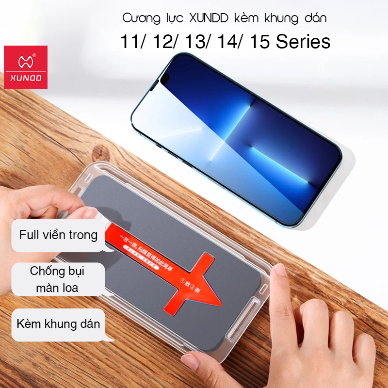 Cường Lực Kèm Khung Dán XUNDD iPhone 15/15 Plus/15 Pro/Max/14/14 Plus/14 Pro/Max/13/12/11 Series -Chống bụi màng loa