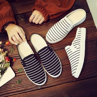 NGHỈ BÁN 55K Giày sục nữ, giày lười nữ vải siêu bền siêu nhẹ kẻ trắng đen, giày slip on nữ