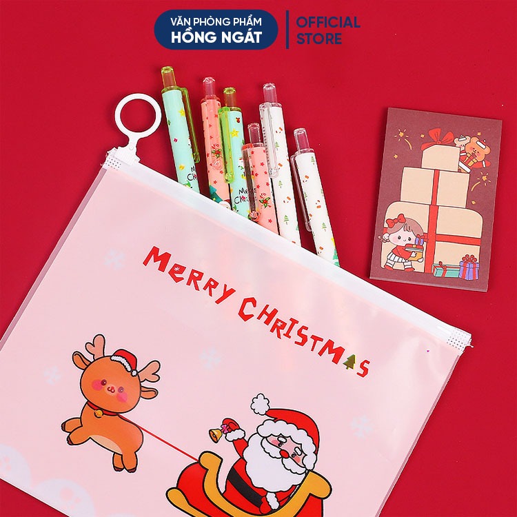 Túi đựng bút trong suốt chủ đề Giáng Sinh, túi zip đựng bút và đồ dùng học tập làm quà tặng học sinh mùa Noel N077