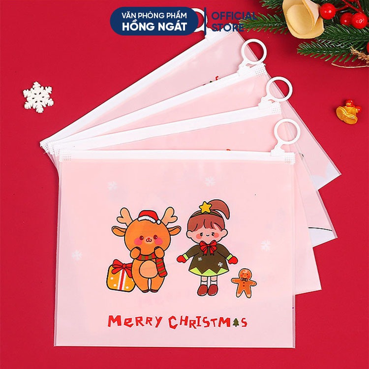 Túi đựng bút trong suốt chủ đề Giáng Sinh, túi zip đựng bút và đồ dùng học tập làm quà tặng học sinh mùa Noel N077