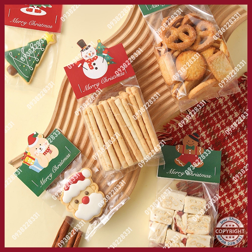 Set 10-20-50 túi đựng bánh có nắp bìa mẫu hình Noel người Tuyết, Tuần lộc, cây Thông giáng sinh, người bánh Gừng