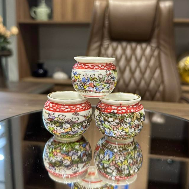 Cóng sứ chim chào mào (Jambul cup ) hàng Bát Tràng mẫu bách nhi vẽ ren nổi gắn kèm tai lồng chào mào