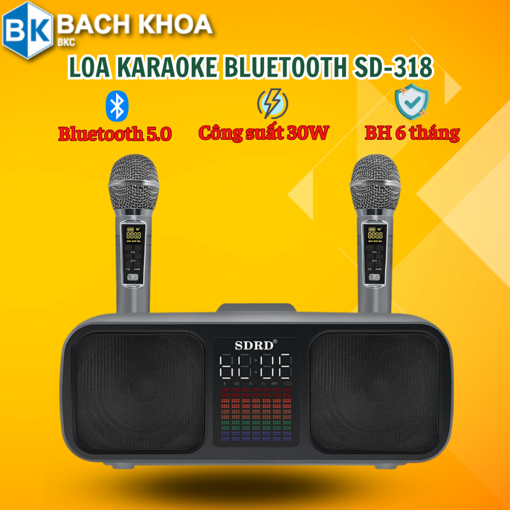 Loa bluetooth karaoke 2 mic SD-318 Không dây, kèm 2 mic công suất lớn 30W - Bảo hành 6 Tháng
