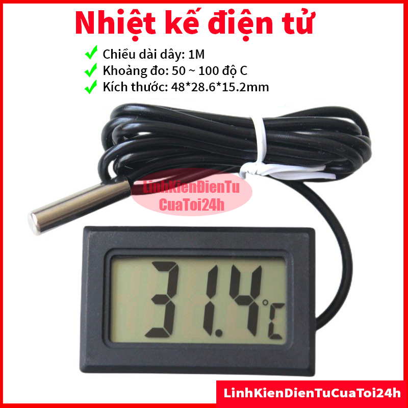 Nhiệt Kế Điện Tử -50*C ~100*C Loại Xịn Có Đầu Dò Chống Nước - Đồng Hồ Đo Nhiệt Độ Hiển Thị LCD - Dây dài 1 mét - Có Pin