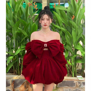 SET ĐẦM NHUNG ĐI TIỆC BỆT VAI PHỐI NƠ NGỰC KÈM QUẦN ĐÙI