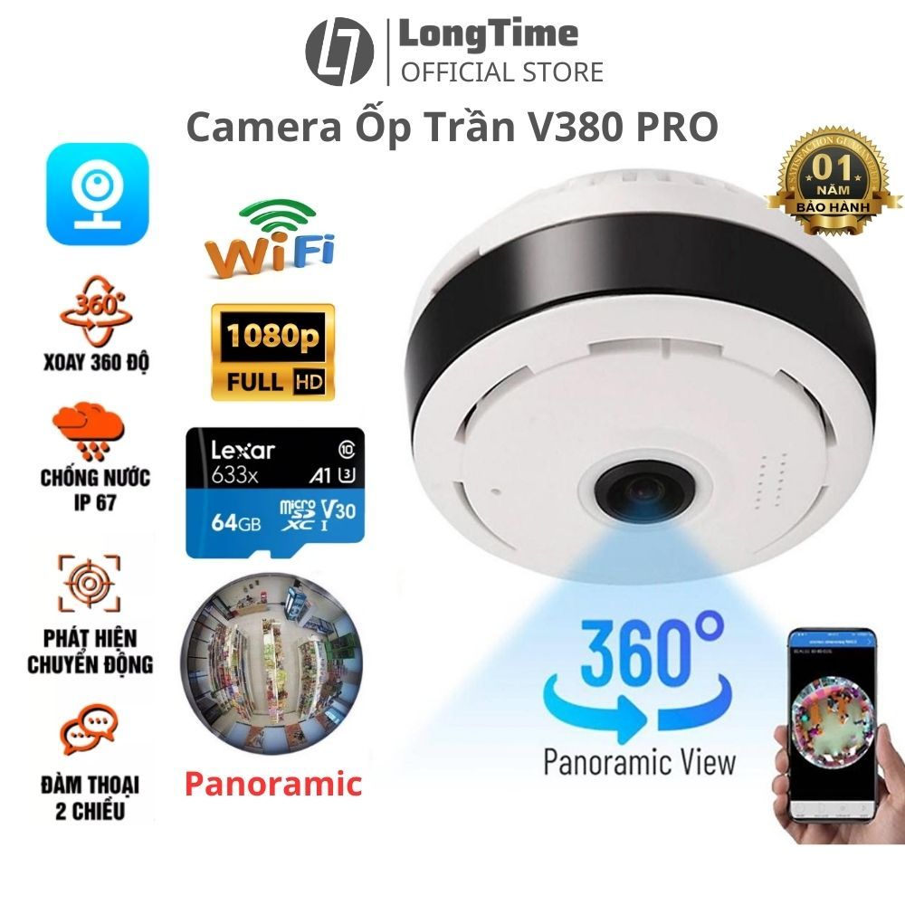 Camera siêu mini ốp giấu trần V380 Pro kết nối điện thoại ngụy đàm thoại 2 chiều trang nhỏ báo động chống trộm kín 360
