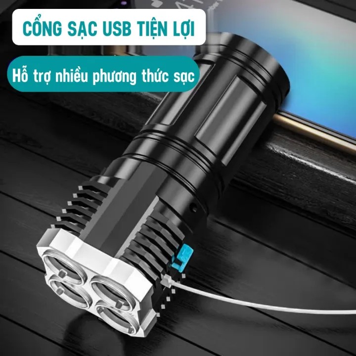 STRA01522 Đèn Pin Cầm Tay Siêu Sáng Chiếu Sáng 4 Chế Độ Sáng Tiện Dụng Kèm dây sạc