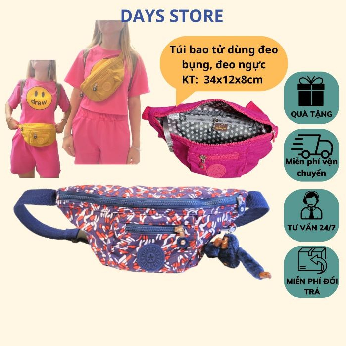 Túi Bao Tử Nam Nữ Kipling KL191 Chất Liệu Vải Dù Hoa Tiết Bền Đẹp Không Bai, Chống Nước, Có Thể Đeo Bụng Hoặc Đeo Ngực