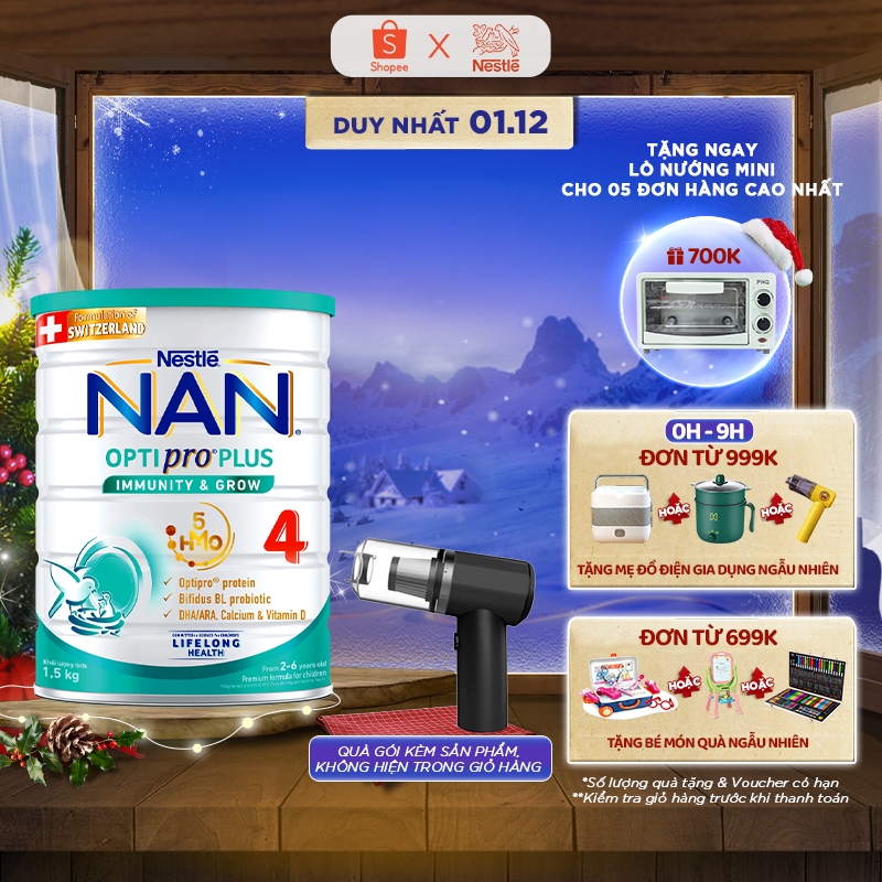 [Tặng Máy hút bụi mini ] Sữa bột Nestlé NAN OPTIPRO PLUS 4 1500g/lon với 5HMO Giúp tiêu hóa tốt