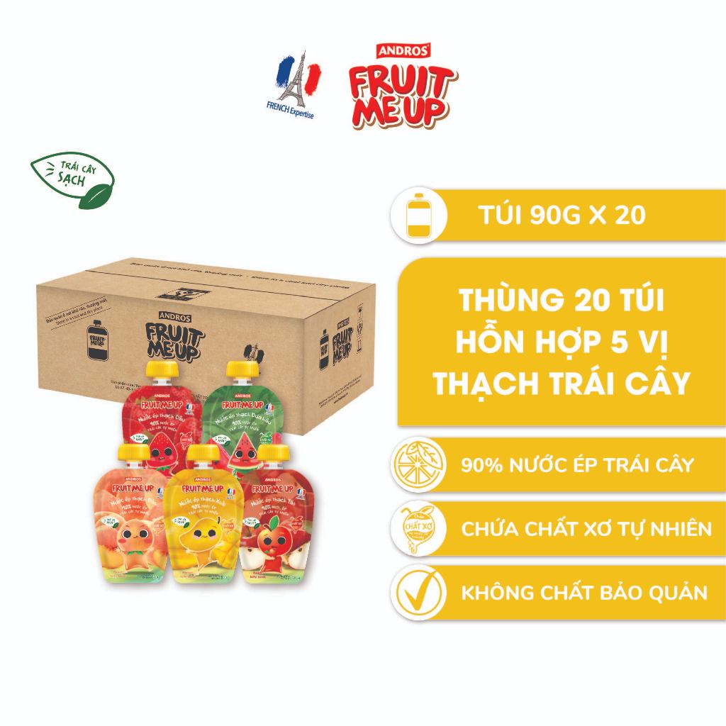 Thùng 20 Túi Thạch Trái Cây Hỗn Hợp 5 Vị - 90% Nước Ép Trái Cây Thật - ANDROS FRUIT ME UP - 90g x 20