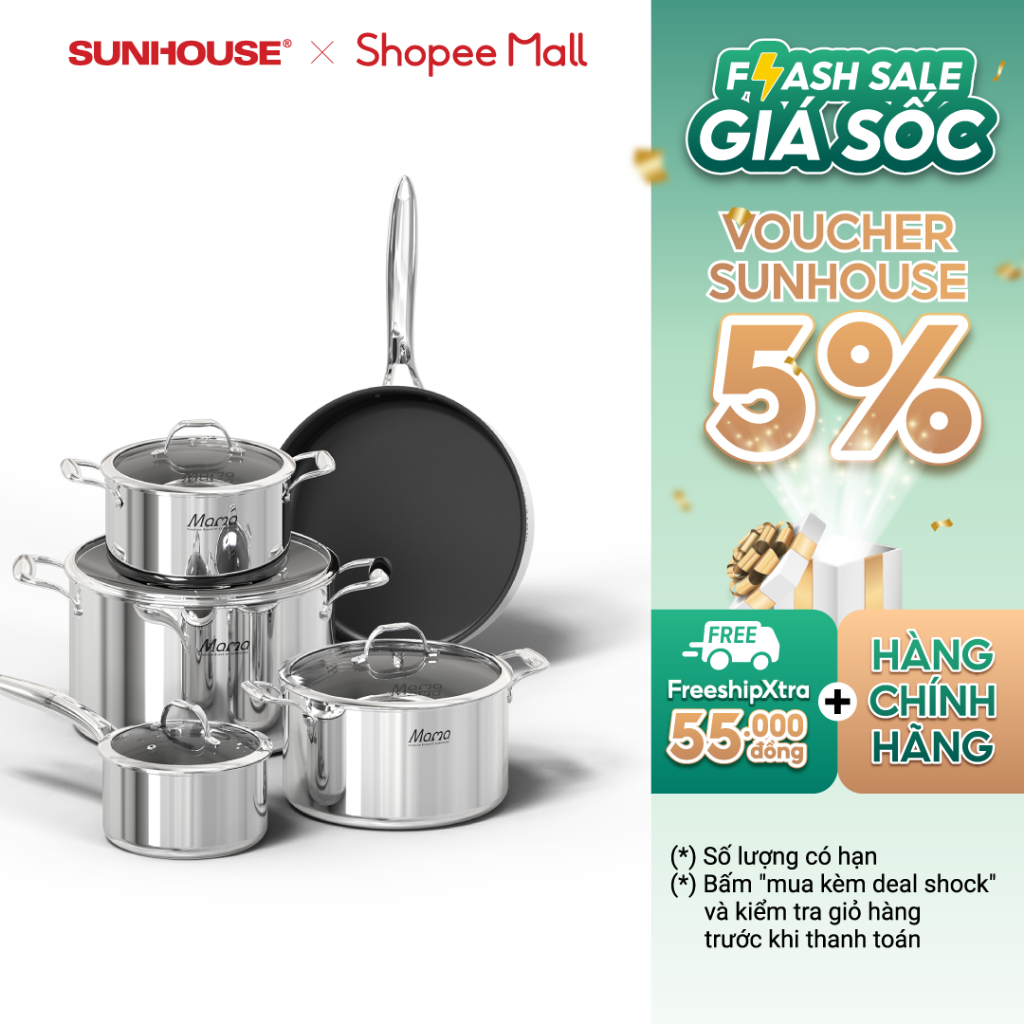 Bộ nồi chảo inox 304 đa lớp Sunhouse Mama SHG700 | 3 nồi, 1 chảo và 1 quánh | 16cm/18cm/22cm/26cm | 3 lớp