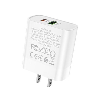 Củ Sạc Nhanh SIêu Bền PD20W Hoco 2 cổng USB + Type C Cốc chuôi dẹt tương thích cho mọi thiết bị hiện nay