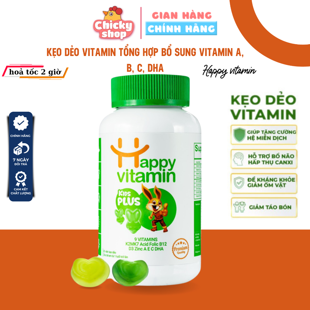 Kẹo dẻo Vitamin tổng hợp cho bé Kids Plus+ có D3K2,A,B12,C,DHA giúp con ăn ngon, tăng đề kháng cho trẻ - Happy Vitamin