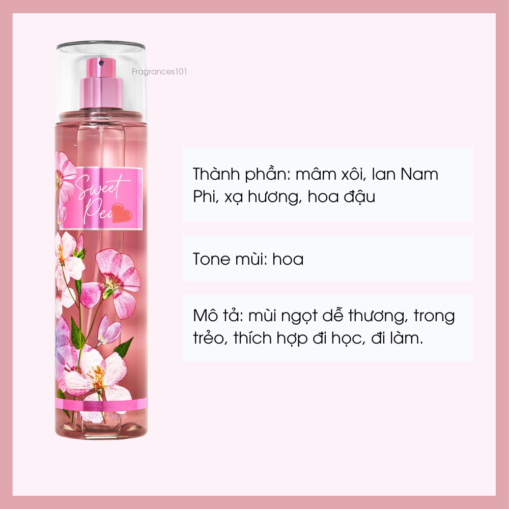 Bộ Sản Phẩm Mist Xịt Toàn Thân, Gel Tắm, Lotion BBW Sweet Pea Từ Mỹ