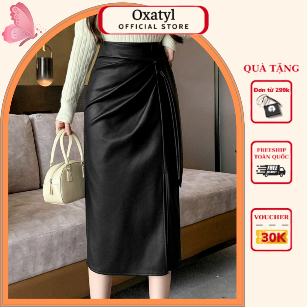 Chân váy Da nhập khẩu Oxatyl M89233 chất váy da dày đẹp dáng váy dài xuông