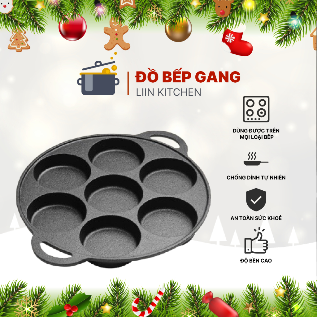 Chảo Gang 7 Lỗ, Chảo Gang Làm Hamburger, Bánh Khọt, Bánh Căn, Chảo Chống Dính Tự Nhiên Dùng Trên Bếp Từ LIINKITCHEN